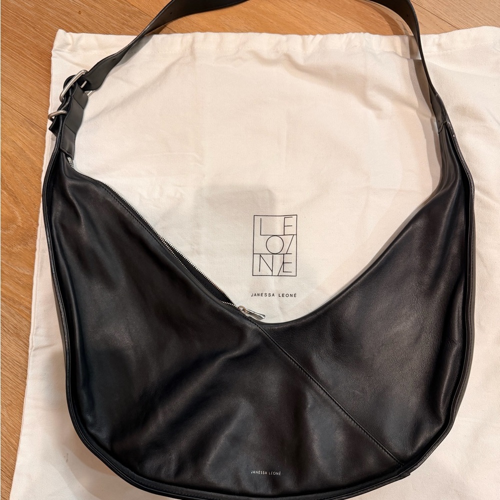 Janessa Leone Black Leather Crescent Hobo Bag